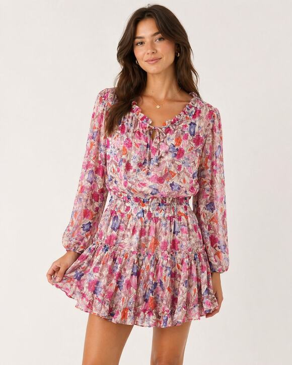Sincerely Ours Dresses & Skirts - Sincerely Ours Freya Mini Dress Pink Floral Ruffle Smocked Size XS